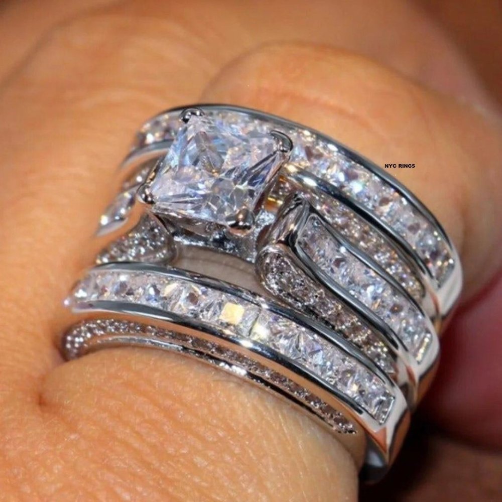 MULTI-LEVEL SILVER DIAMOND BRIDAL RING - Picture 4 of 4